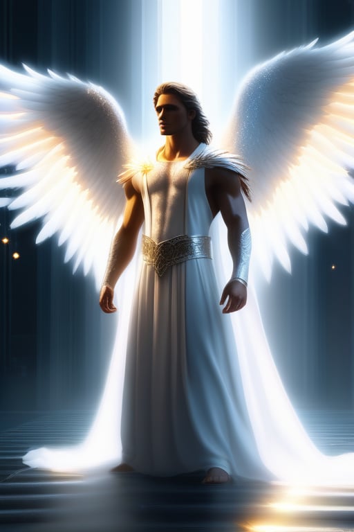 Full body, angel man, unadorned white robe, white long fluffy hair, epic pose, Heavenly background, perfectly detailed on big glowing angel wings, Super detail, character highly detailed, character sheets, Detailed, sharp focus, Super detailed full body, 8k resolution, Only a reality graphic, epic background, perfect bright skin, epic pose, epic look, lights, sparkles, heaven, perfect face, cinematic