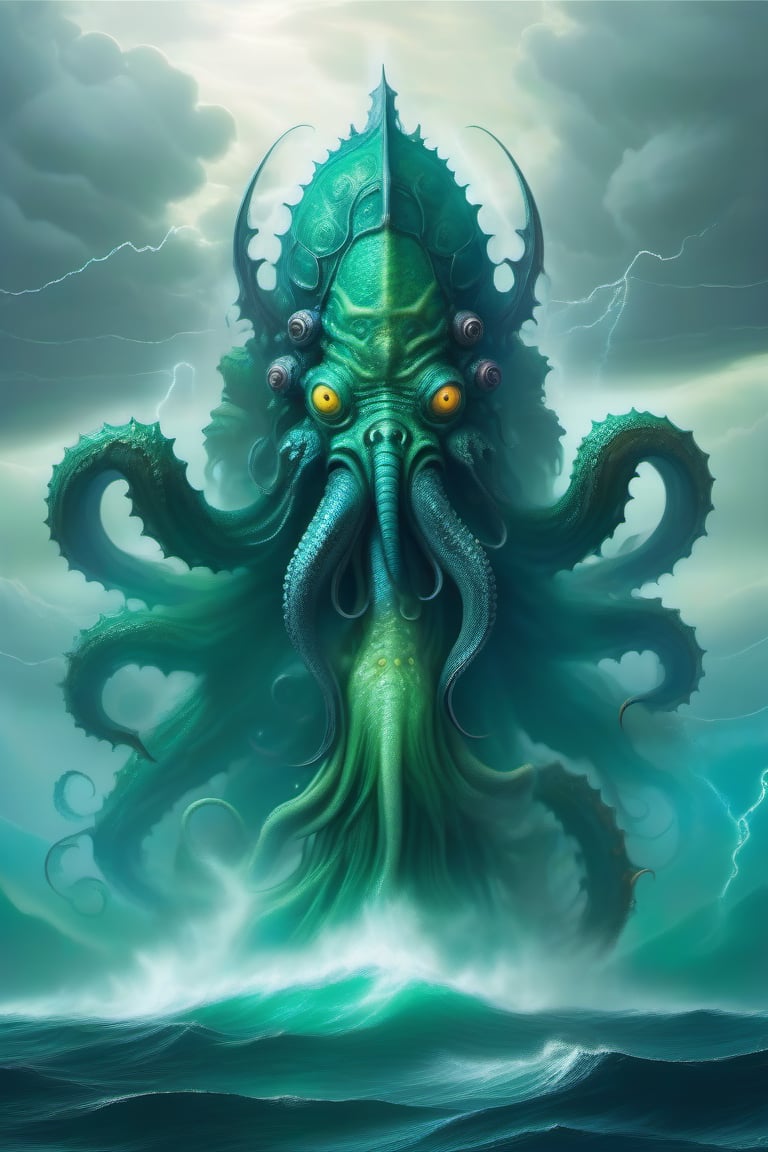 giant Cthulhu deity emerging from the depths of the ocean on the horizon, amid dense and hazy green fog, dense clouds and lightning around the monster.