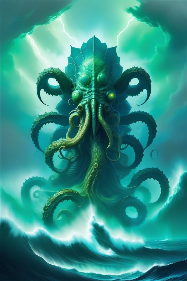 giant Cthulhu deity emerging from the depths of the ocean on the horizon, amid dense and hazy green fog, dense clouds and lightning around the monster.