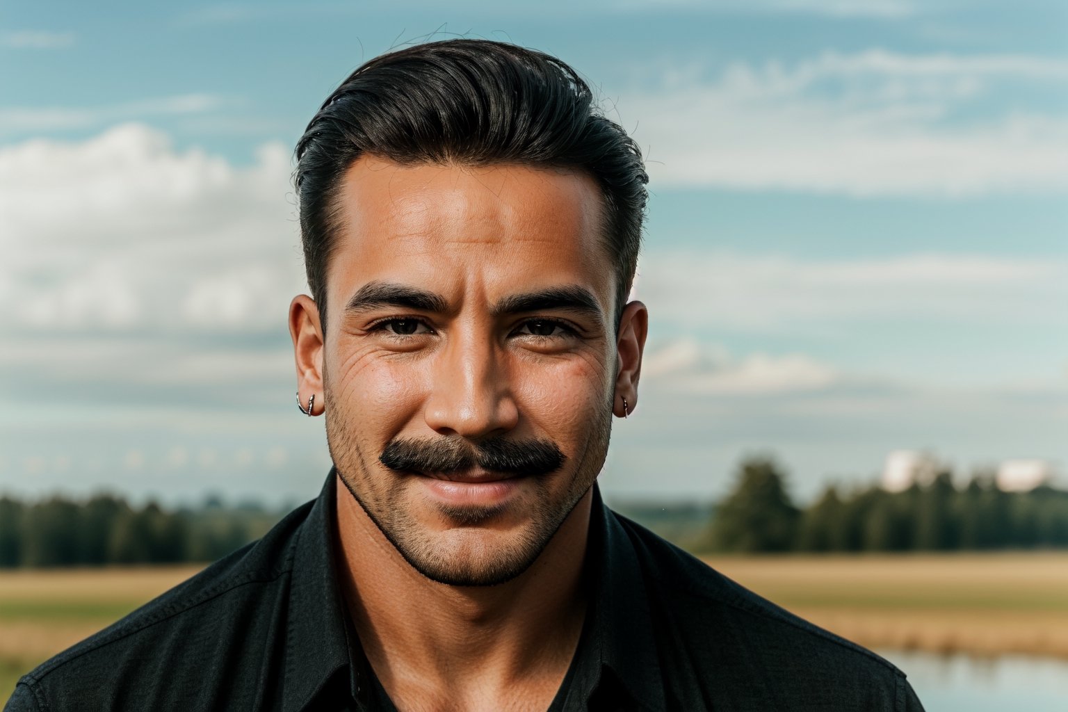 solo, looking at viewer, smile, shirt, black hair, 1man, male focus, small earring, sky, teeth, black eyes, facial hair, beard, realistic, mustache, real life,Portrait