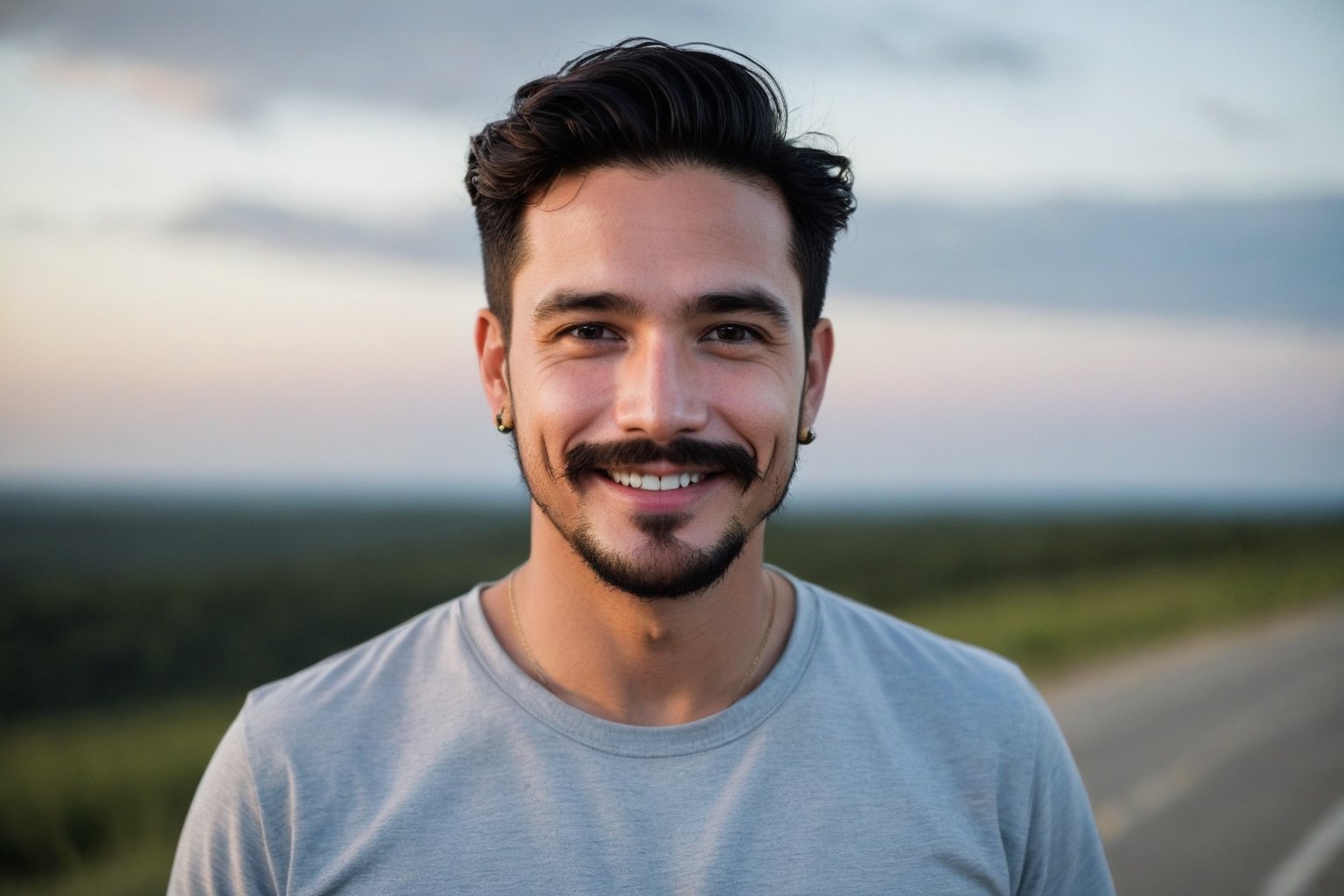 solo, looking at viewer, smile, shirt, black hair, 1man, male focus, small earring, sky, teeth, black eyes, facial hair, beard, realistic, mustache, real life,Portrait