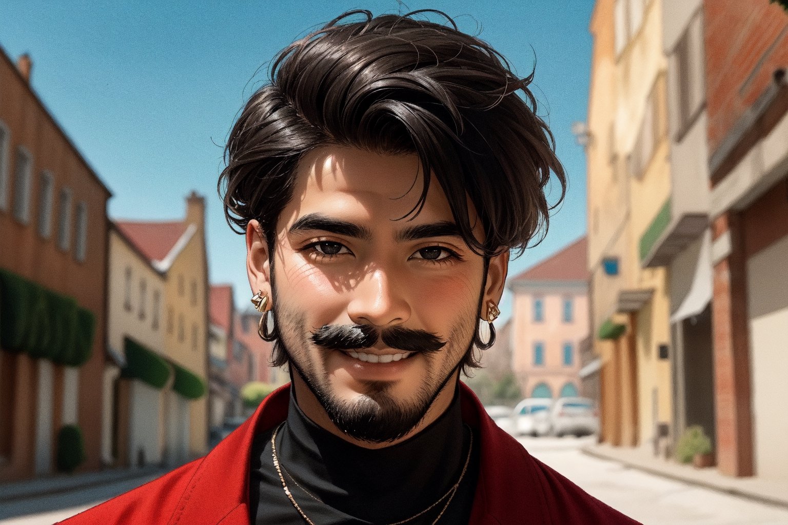 solo, looking at viewer, smile, shirt, black hair, 1boy, jewelry, male focus, earrings, sky, teeth, black eyes, facial hair, beard, realistic, mustache, real life,Portrait