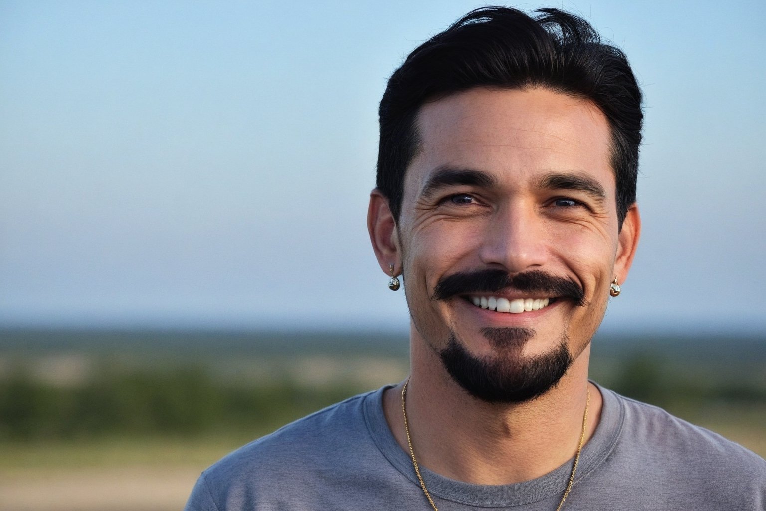 solo, looking at viewer, smile, shirt, black hair, 1man, male focus, small earring, sky, teeth, black eyes, facial hair, beard, realistic, mustache, real life,Portrait