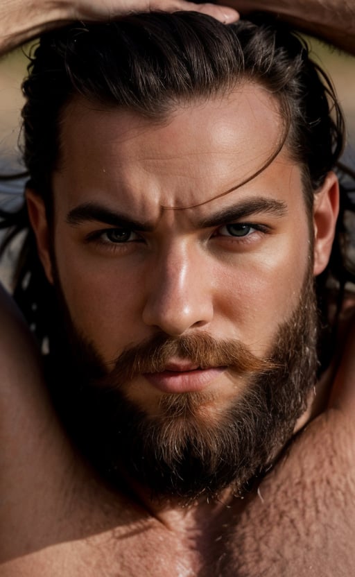 An intense close-up photograph of a shirtless, muscled strong man with a magnificent beard. The camera lens captures the intricate patterns and textures of his hair, emphasizing its thickness and natural wildness. Every strand stands out, creating a visual feast of rugged masculinity. The play of light and shadow on his well-defined muscles adds depth and dimension to the image, evoking a sense of power and vitality.