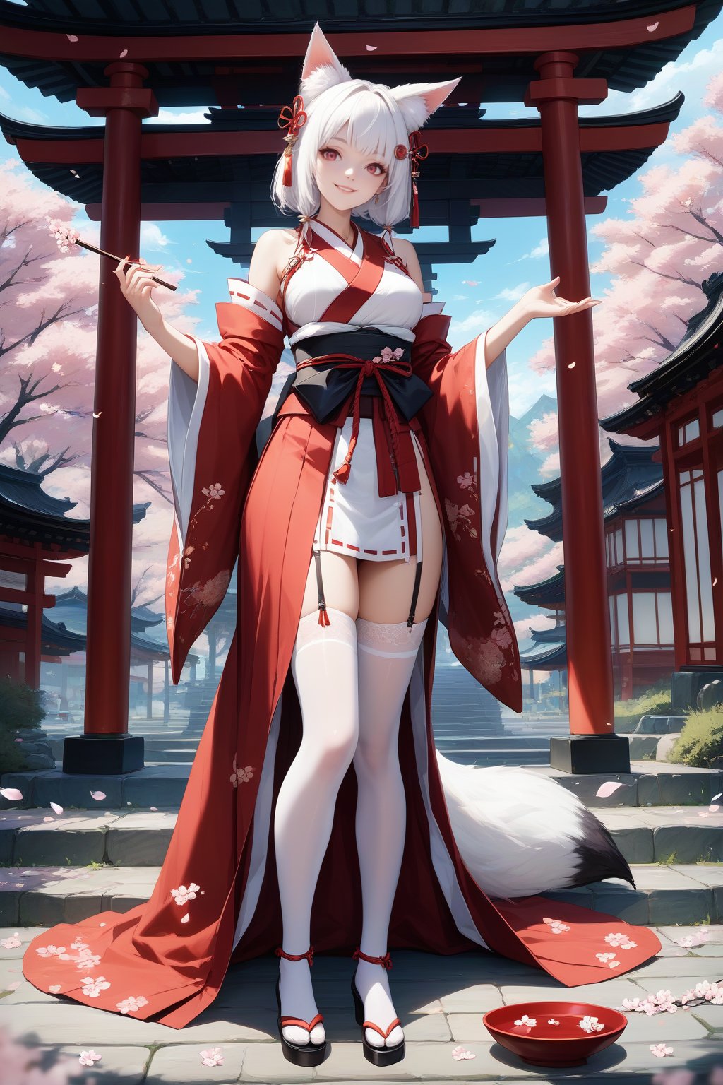 score_9, score_8_up, score_7_up, masterpiece, best quality, realistic, 
BREAK
1girl, the action of prayer, animal fox ears, red eyes, long pure white hair, red skirt, Miko attire, hair ornament, full body, goth girl, garter straps, Japanese shrine, cherry blossoms, The girl stood with a huge silver fox, whose eyes glowed, White stockings, FuturEvoLabgirl