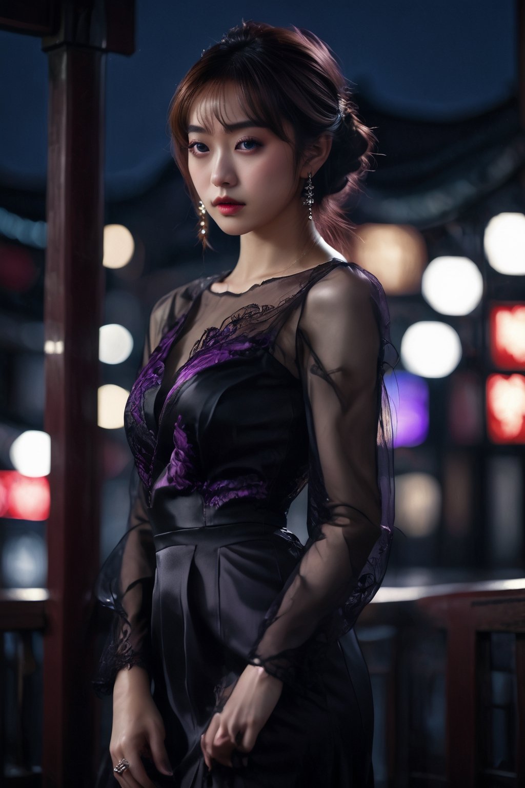 Japanese Girl, 1girl, Alone, Piercing Gaze, Sleek Hair, Elegant Jewelry, Modest Bust, Poised, Purple Iris, Intricate Braid, Lace Black Gown, Sheer Black Tights, Glossy Black Heels, Urban Nightlife, Silver Earrings, City Lights, Mysterious Atmosphere, Highres, Photorealistic, Score_9, Ultra-detailed
