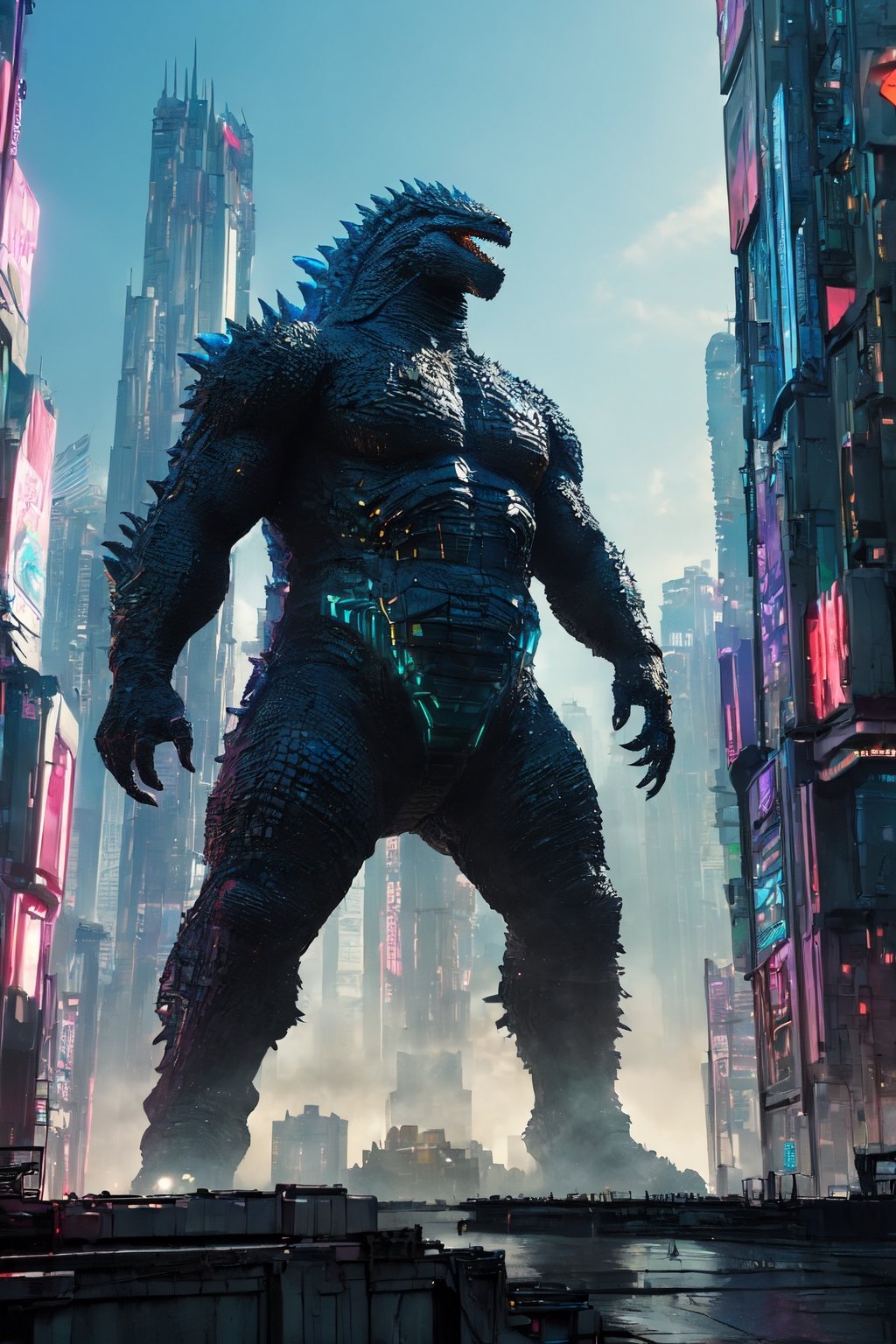 (Masterpiece:1.5), (Best quality:1.5), Cyberpunk style, full body, A towering, majestic Godzilla, towering above the city with scales shimmering in the sunlight. This larger-than-life reptilian creature is depicted in a realistic painting, showcasing its iconic features in intricate detail. The artist expertly captures the creature's immense power and strength, with every scale, claw, and fang meticulously rendered. The image exudes a sense of awe and wonder, drawing viewers into the fantastical world of this legendary monster.