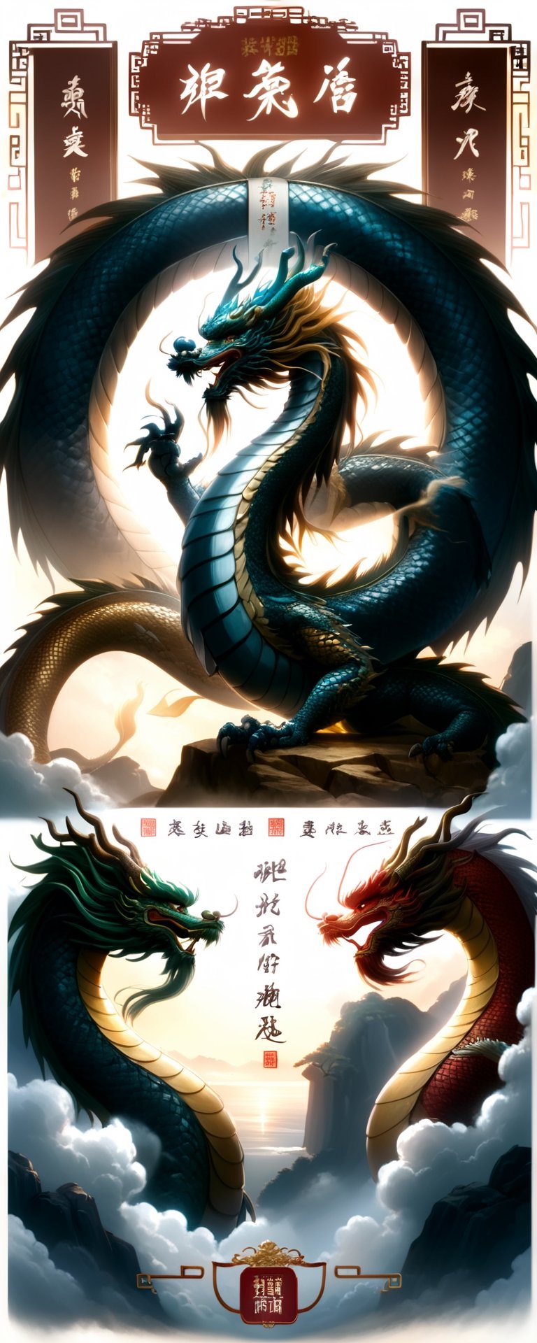 fusion of I Ching concepts 'Hidden dragon, do not act', 'The dragon appearing in the field', 'The dragon soars in the sky', and 'The dragon regrets when reaching too high', depicted with a girl wearing dragon armor, embodying the wisdom and power of these proverbs, majestic Chinese dragon elements in various forms, girl in dynamic pose with dragon-themed armor, rich symbolism, by FuturEvoLab, (masterpiece: 2), best quality, ultra highres, original, extremely detailed, perfect lighting, vibrant colors, powerful yet introspective mood, harmonious blend of tradition and fantasy, (dragon symbolism:1.5), (cultural fusion:1.3), (dynamic composition:1.2),CHINESE DRAGON,Chinese dragon,Mecha