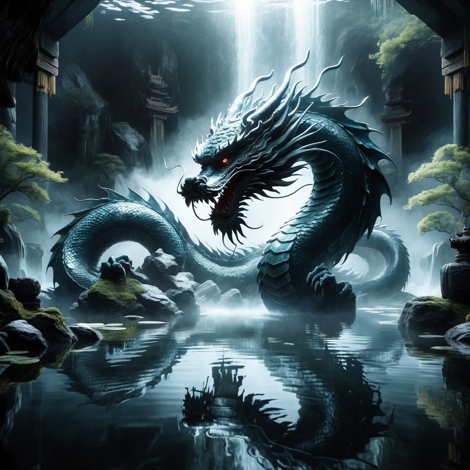 Mystical scene, 'Hidden dragon, do not act' concept, traditional Chinese dragon, splendid scales, lurking in depths of ancient dragon pool, readiness yet restraint, partially concealed by dark waters, immense potential, controlled power, mysterious setting, silhouette barely visible, wisdom of hidden strength, strategic patience, by FuturEvoLab, (Masterpiece, Best Quality, 8k:1.2), (Ultra-Detailed, Highres, Extremely Detailed, Absurdres, Incredibly Absurdres, Huge Filesize:1.1), evoking anticipation and mystery,Katon