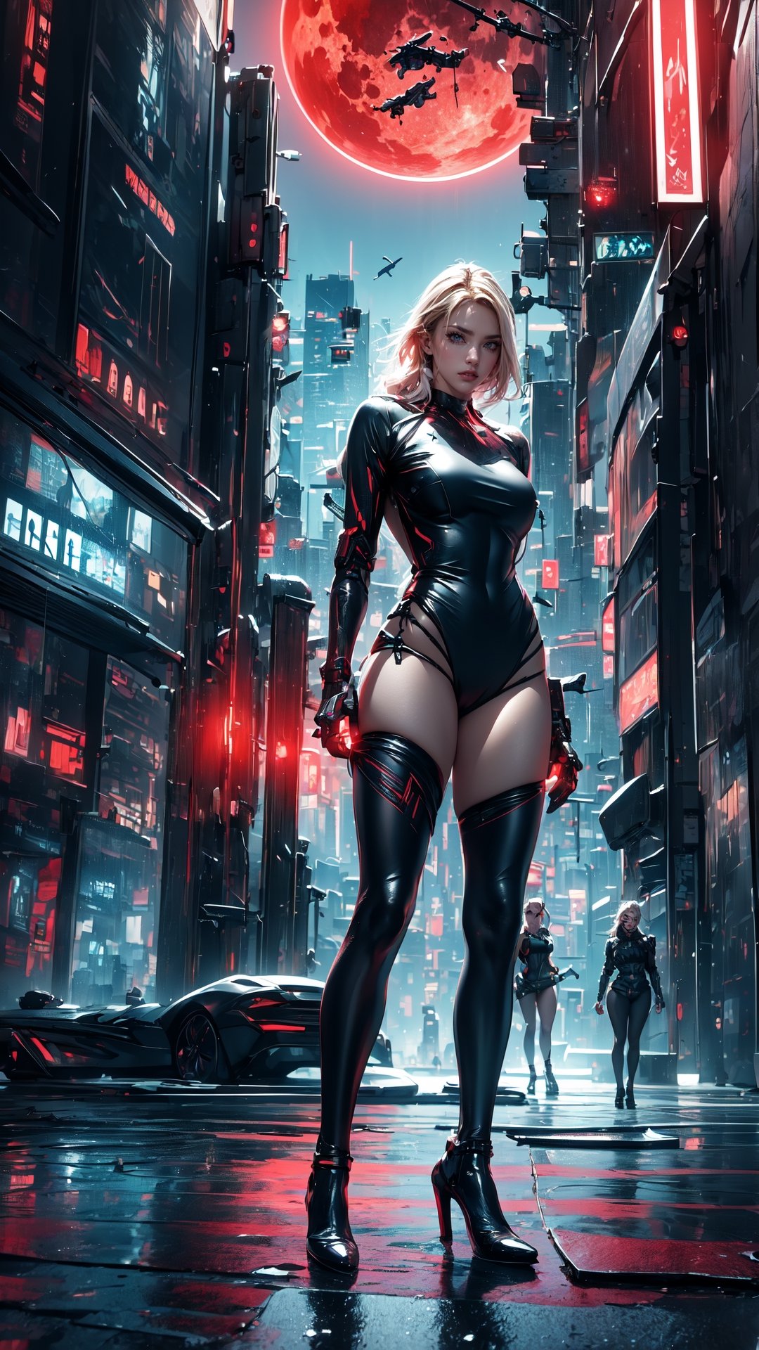 High detailed , 2 female standing side by side , uniform , muscled , futuristic ,fantasy00d,vamptech , red moon , city ,Cyberpunk,robotic body,Matrix