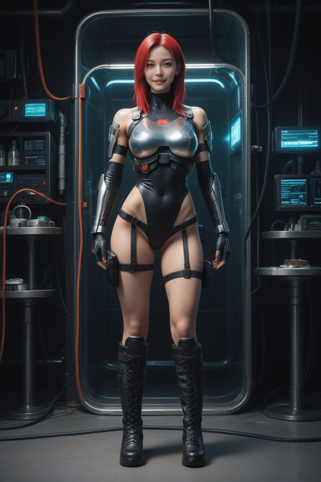 score_9, score_8_up, score_7_up, masterpiece, best quality,
BREAK
realistic,
cyberpunk girl, long red hair, nano tattoos, chrome armor, digital interface gloves, combat boots,
mysterious lab background, virtual reality rigs, cryogenic storage units, floating data orbs, diagnostic screens, neon pipes