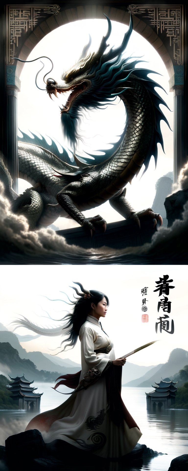fusion of I Ching concepts 'Hidden dragon, do not act', 'The dragon appearing in the field', 'The dragon soars in the sky', and 'The dragon regrets when reaching too high', depicted with a girl wearing dragon armor, embodying the wisdom and power of these proverbs, majestic Chinese dragon elements in various forms, girl in dynamic pose with dragon-themed armor, rich symbolism, by FuturEvoLab, (masterpiece: 2), best quality, ultra highres, original, extremely detailed, perfect lighting, vibrant colors, powerful yet introspective mood, harmonious blend of tradition and fantasy, (dragon symbolism:1.5), (cultural fusion:1.3), (dynamic composition:1.2)
