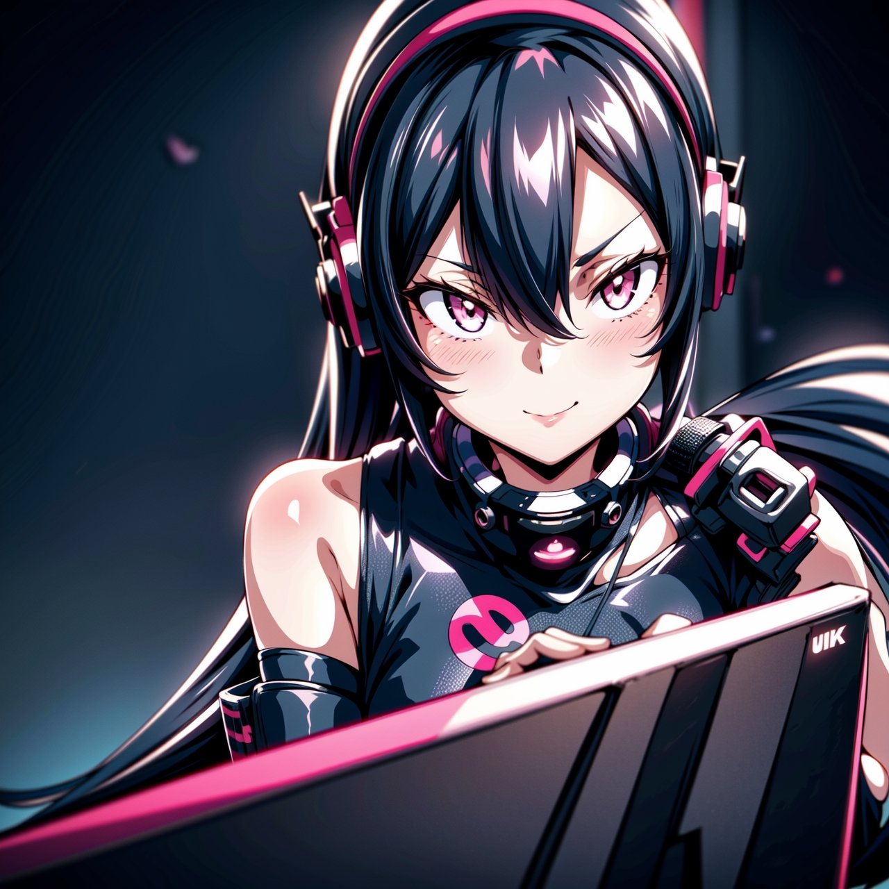 Female Ninja,Black mask,Close-up, Pink horsetail, sweet smile, lovely,working on laptop,cyberpunk style,headphones,listening to music,lofi background,keyboard,mouse,LED lights,(best quality,4k,8k,highres,masterpiece:1.2),ultra-detailed,(realistic,photorealistic:1.37),mecha,urban techwear,outfit,3DMM