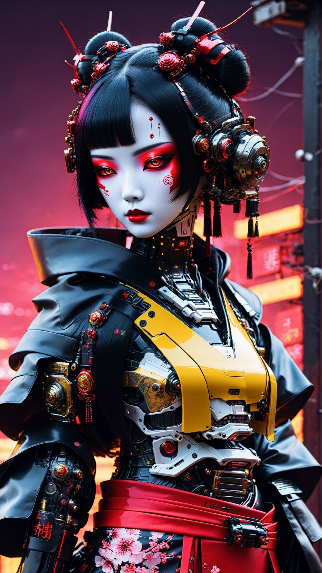 lethal geisha cyborg assassin wearing hooded kimono & armor, danger, red-yellow sky, post apocalyptic art, neon horror, sci-fi, glitchcore, cgsociety, modern european ink painting, androgynous, mixed media, dystopian art, black and Neon cosmic art, analog horror, nightmarefuel, space punk, glitchcore, hauntingly beautiful, beautifully ominous. A world class female cyborg in stunning HD, world class art, unique, modern masterpiece, exceptional, exquisite, dark fantasy, apocalypse art, calotype
