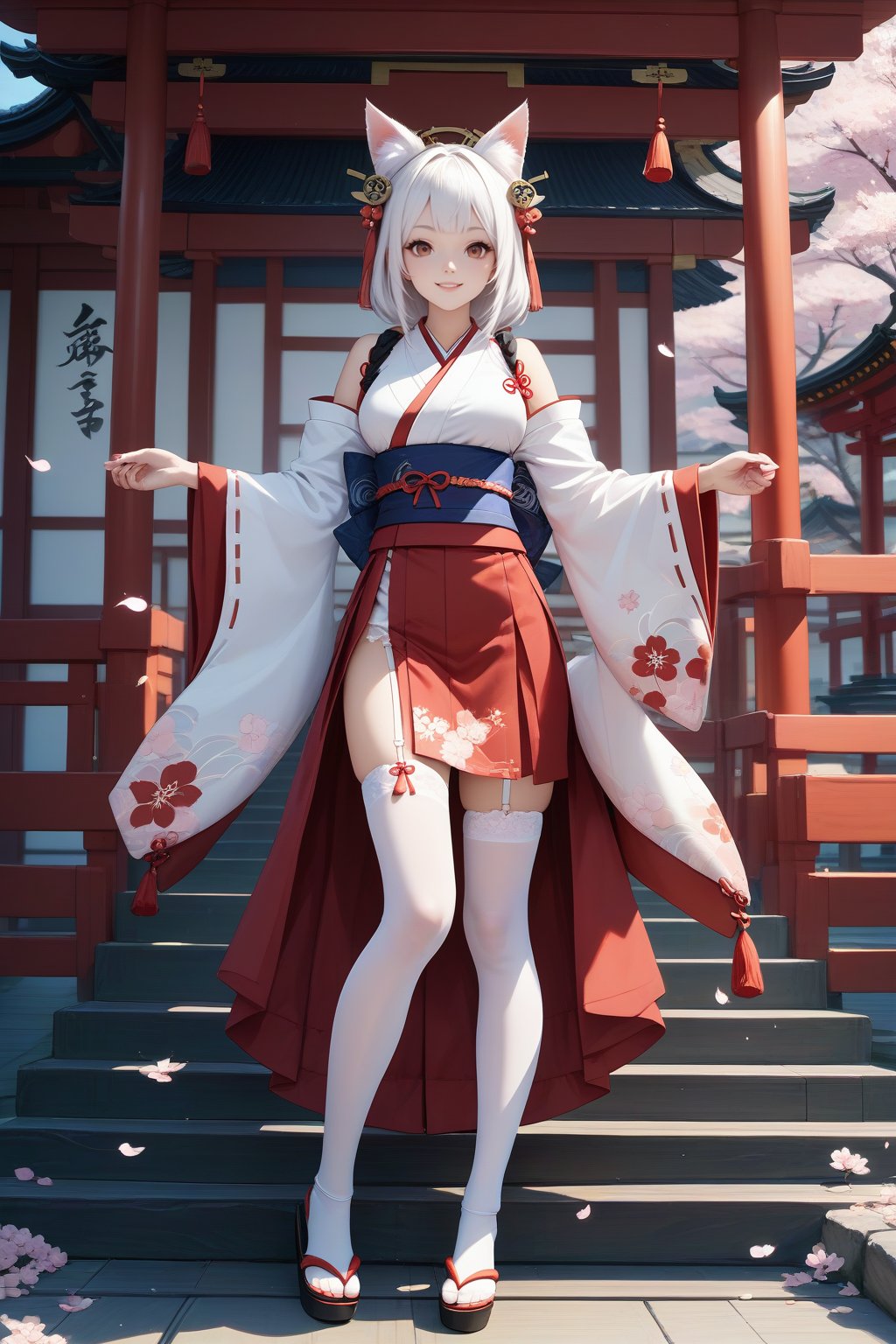 score_9, score_8_up, score_7_up, masterpiece, best quality, realistic, 
BREAK
full body, 1girl, action of prayer, animal fox ears, red eyes, long pure white hair, Miko attire, red skirt, garter straps, White stockings, geta sandals, hair ornament,  Japanese shrine, cherry blossoms, FuturEvoLabgirl, Japanese style rooms, 