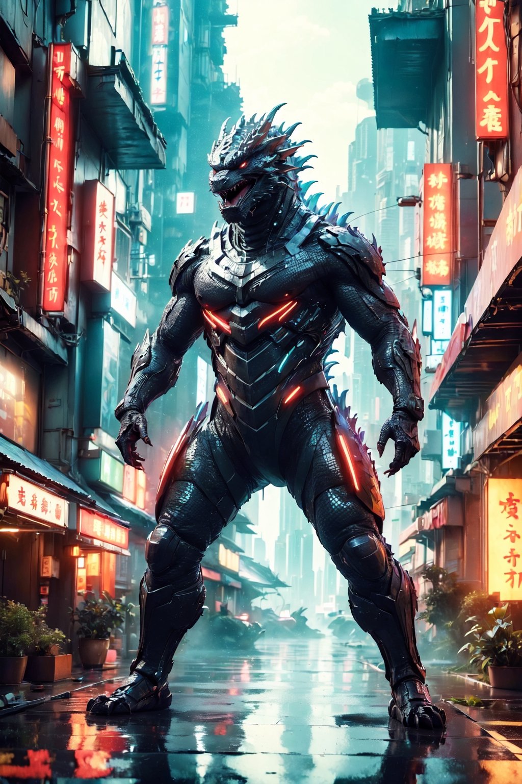 (Masterpiece:1.5), (Best quality:1.5), Cyberpunk style, full body, Godzilla, huge tail, facing the viewer, Godzilla tail, roar, laser, daytime, Doton, Cyberpunk,Chinese dragon