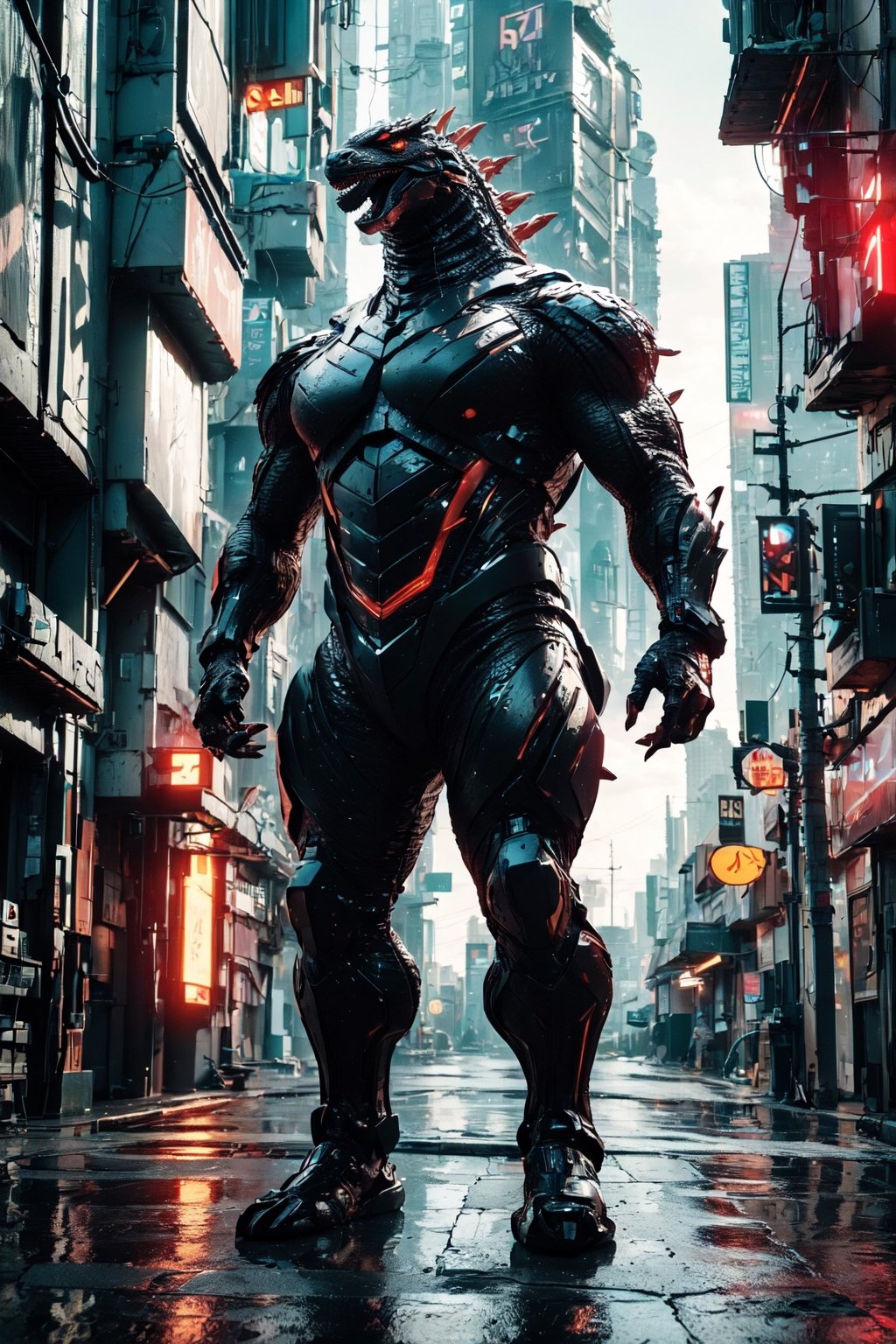 (Masterpiece:1.5), (Best quality:1.5), Godzilla, full body, Cyberpunk style, facing the viewer, Godzilla tail, roar, laser, daytime., Doton, Cyberpunk