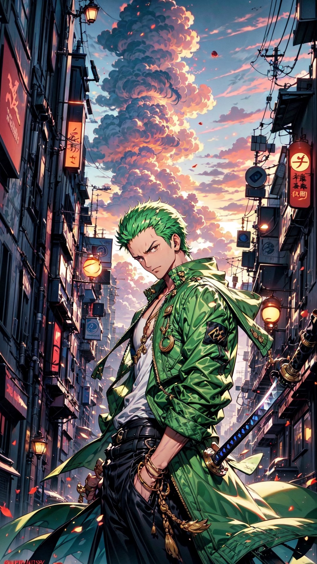  Roronoa Zoro, the iconic character from the One Piece anime:

"Generate a striking and highly detailed visual representation of the legendary swordsman, Roronoa Zoro, from the One Piece anime. Zoro is known for his distinctive appearance and formidable skills.

His hair is a vibrant shade of green, complementing his determined brown eyes. He stands tall and resolute, exuding an air of strength and unwavering determination. Zoro is clad in his signature green outfit, complete with a white haramaki and a bandana.

In his skilled hands, he wields not one but two katana swords, each one unique and finely detailed. The swords should be a reflection of his mastery and the essence of his character.

This image should capture the essence of Zoro's iconic appearance, showcasing his powerful presence and his status as one of the most beloved characters in the One Piece series." Photographic cinematic super super high detailed super realistic image, 8k HDR super high quality image, masterpiece,perfecteyes,zoro, ((perfect hands)), ((super high detailed image)), ((perfect swords)), ,Cyberpunk