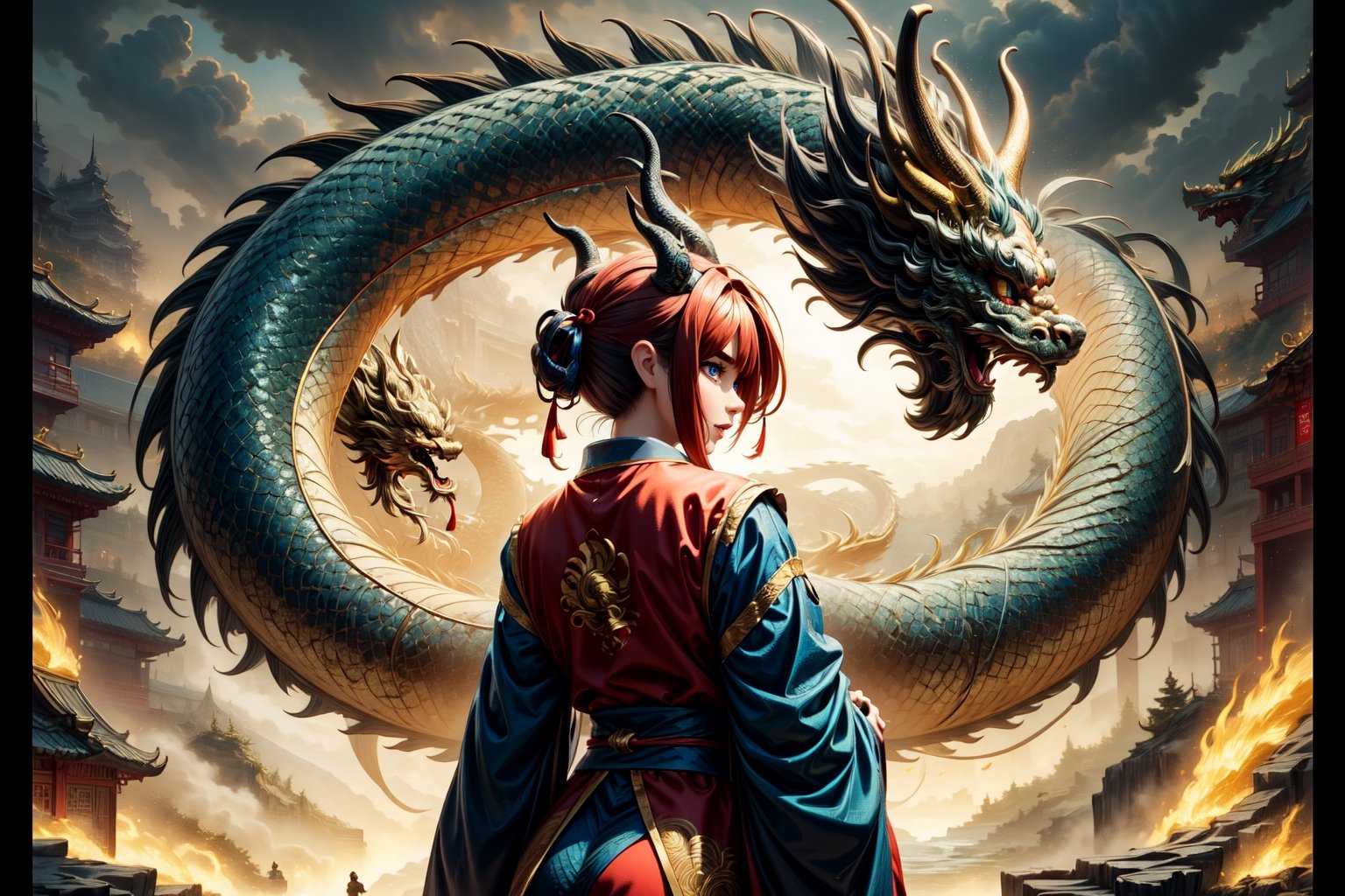3-view character design of 1 girl, masterful, long intricate horns inspired by dragon year, dragon-themed attire with glass elements, looking at viewer, Chinese girl with goth style, sfw, complex background, rock_2_img, bg_imgs, golden color, incorporating game character design elements, emphasizing Chinese dragon themes, front, side, and back views, detailed and intricate design, by FuturEvoLab, (masterpiece: 2), best quality, ultra highres, original, extremely detailed, perfect lighting,Chinese dragon,Head down, Golden oriental dragon