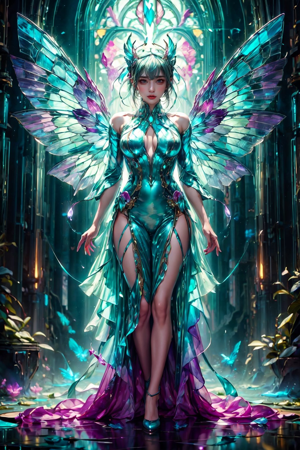 dreamlike acrylic painting, mesmerizing ethereal girl with bioluminescent body, otherworldly glow illuminating darkness, elegant translucent wings like delicate stained glass, wings reflecting vibrant hues of turquoise and amethyst, fragile yet resilient form floating in air, serene and captivating presence, stunning image with masterful brushstrokes, meticulous attention to detail, showcasing exceptional talent, vibrant butterfly wings, by FuturEvoLab, (masterpiece: 2), best quality, ultra highres, original, extremely detailed, perfect lighting