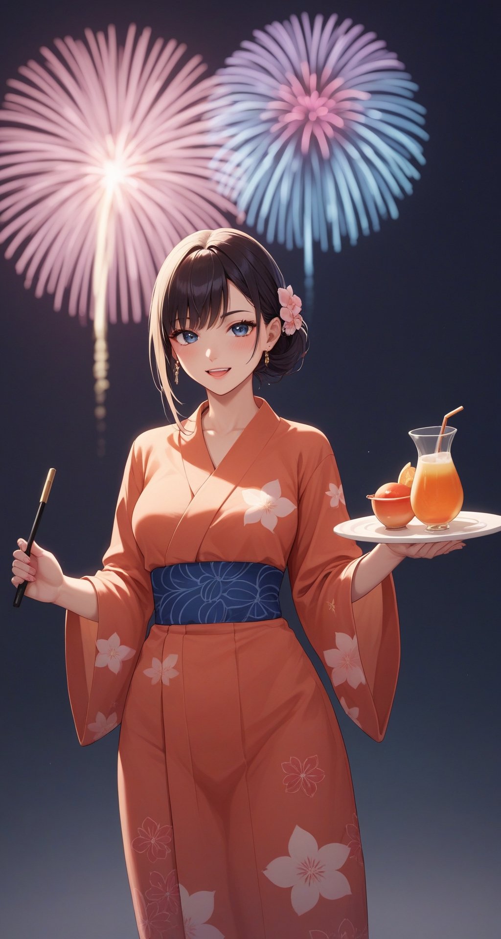 score_9, score_8_up, score_7_up, score_6_up, score_5_up, score_4_up, source_Anime, A gracefully adorned Japanese girl in a colorful yukata, amidst a summer festival’s fireworks display. Every fold of her garment is intricately patterned, complementing the vibrant bursts of light in the background. The image, likely a painting, captures her delicate features and the dynamic energy of the festival scene in exquisite detail. The technicolor fireworks mirror the girl's lively spirit, creating a mesmerizing and high-quality composition that immerses viewers in a moment of cultural celebration and beauty.