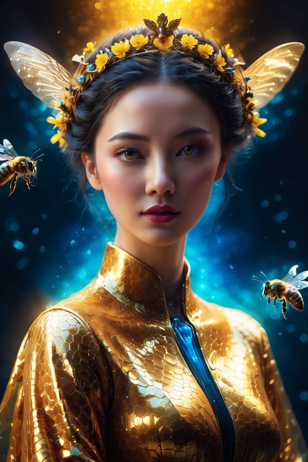 vibrant colors, female, masterpiece, sharp focus, best quality, depth of field, cinematic lighting, ((solo, one woman )), (illustration, 8k CG, extremely detailed), masterpiece, ultra-detailed, "Queen of Bees", the essence of royalty and power within the Bee Kingdom. The central figure of the scene is the Queen of the Bees, with medium curly hair of vivid golden amber, which shines like honey in the sun. Her eyes, the color of golden honey, reflect the sweetness and wisdom of the queen of bees. She wears a yellow and black robe with honeycomb patterns and a gold crown set with gems, a symbol of her reign and authority. The Queen of Bees stands majestically and powerfully, reigning with grace and strength over her hive. The bees that surround her, in an atmosphere of soft light, show respect and devotion to their sovereign. The scene is surrounded by an aura of calm and tranquility, exuding a sense of royalty and harmony. reflect on the role of bees and nature in the world and on the importance of preserving and respecting the ecosystem. The Queen of Bees represents the power and beauty of nature, a symbol of leadership and wisdom in the insect world.