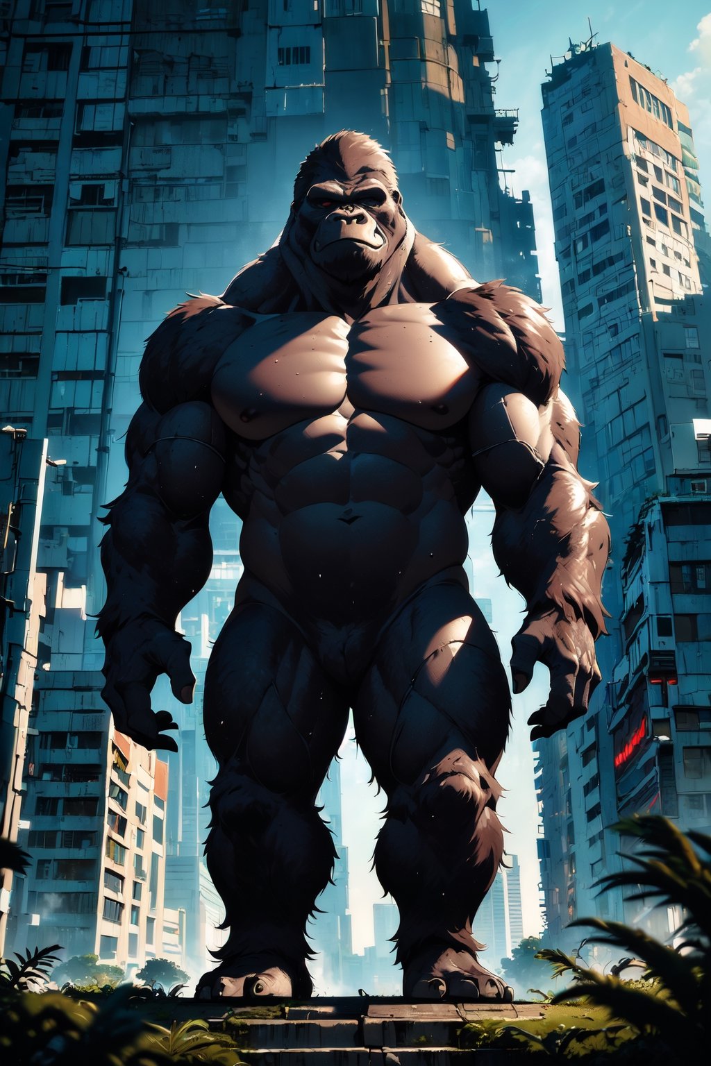 (Masterpiece:1.5), (Best quality:1.5), Cyberpunk style, full body, A towering King Kong, amidst a ruined city, bellows in fury. The massive creature, its fur a shimmering silver, muscles rippling beneath its majestic form, stands as a symbol of primal power and untamed beauty. This remarkable image is a digitally enhanced photograph, capturing every intricate detail with stunning clarity and depth. The backdrop of crumbling buildings and twisted metal only serves to enhance the gorilla's imposing presence, making it a truly unforgettable sight. With each pixel meticulously crafted, this image exudes a sense of awe and wonder, leaving viewers breathless in the face of such magnificence, King Kong, Magic Forest