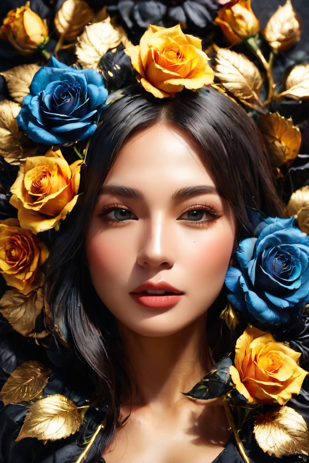 Woman with a mysterious face, surrounded by realistic flowers and Gold Edged Black Roses, high resolution, ultra detailed, vibrant colors, by FuturEvoLab, (masterpiece: 2), best quality, perfect lighting, rich textures, harmonious composition