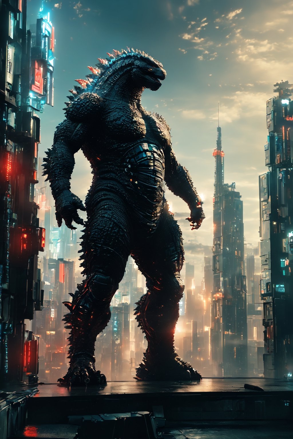 (Masterpiece:1.5), (Best quality:1.5), Godzilla, full body, Cyberpunk style, facing the viewer, Godzilla tail, roar, laser, daytime., Doton, Cyberpunk