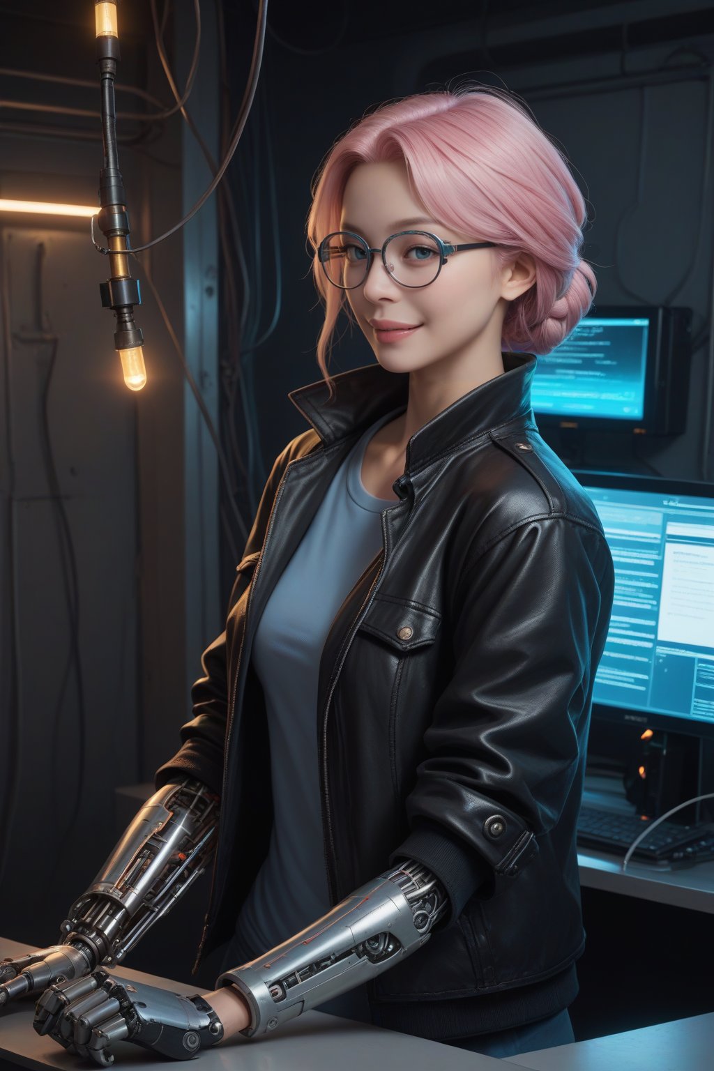 score_9, score_8_up, score_7_up, masterpiece, best quality,
BREAK
realistic,
cyberpunk girl, short pink hair, cybernetic implants, high-tech glasses, leather jacket, mechanical arm,
mysterious lab background, large mainframe computer, robotic arms, wall-mounted screens, tangled wires, flickering lights