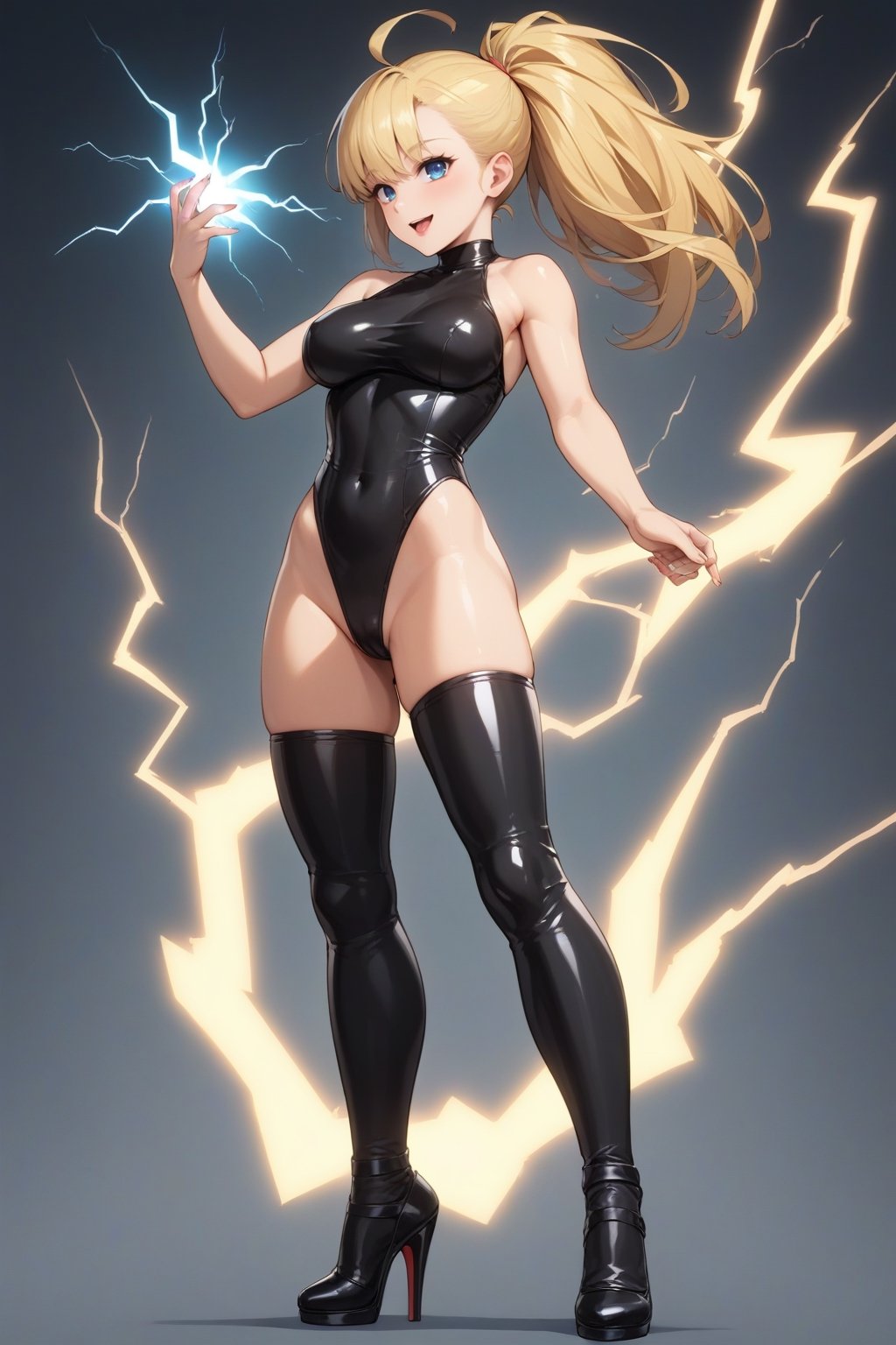 Score_9, Score_8_up, source_anime, source_cartoon, masterpiece, high quality, 
BREAK
1girl, solo, full_body, latex leotard, Latex Stockings, High heels, black background, FuturEvoLab-girl, FuturEvoLabLightning:1.5, Thunder Flash:1.5, Lightning aura, Lightning, 