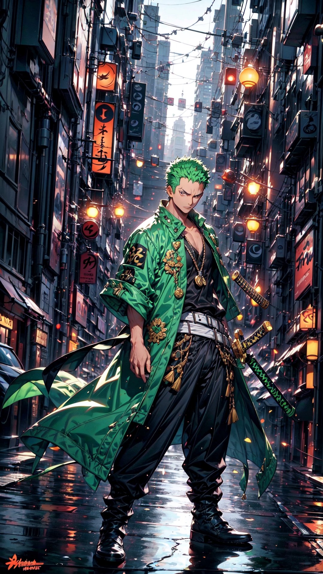  Roronoa Zoro, the iconic character from the One Piece anime:

"Generate a striking and highly detailed visual representation of the legendary swordsman, Roronoa Zoro, from the One Piece anime. Zoro is known for his distinctive appearance and formidable skills.

His hair is a vibrant shade of green, complementing his determined brown eyes. He stands tall and resolute, exuding an air of strength and unwavering determination. Zoro is clad in his signature green outfit, complete with a white haramaki and a bandana.

In his skilled hands, he wields not one but two katana swords, each one unique and finely detailed. The swords should be a reflection of his mastery and the essence of his character.

This image should capture the essence of Zoro's iconic appearance, showcasing his powerful presence and his status as one of the most beloved characters in the One Piece series." Photographic cinematic super super high detailed super realistic image, 8k HDR super high quality image, masterpiece,perfecteyes,zoro, ((perfect hands)), ((super high detailed image)), ((perfect swords)), ,Cyberpunk