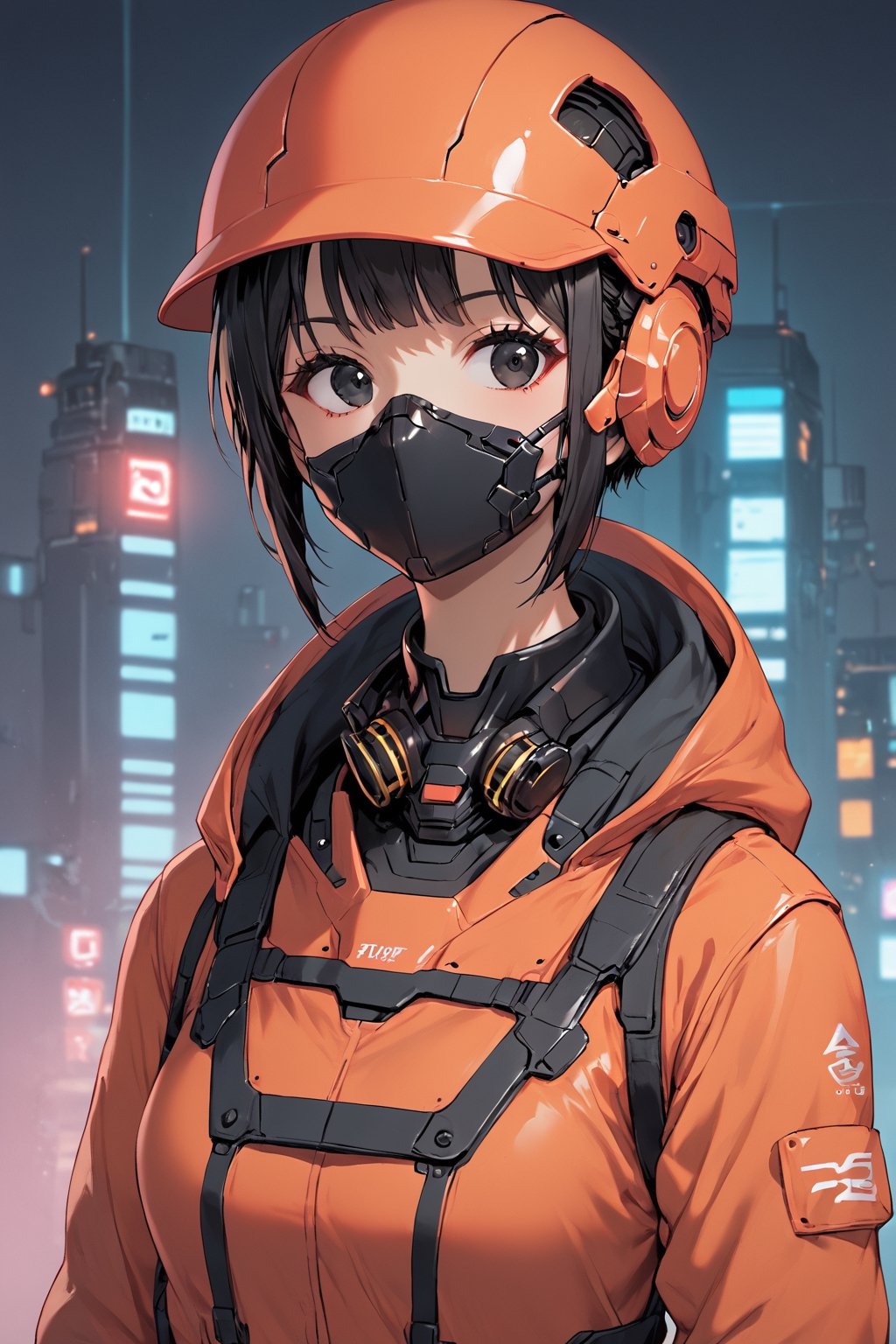 1girl, solo, looking at viewer, short hair, black hair, hat, jacket, upper body, hood, black eyes, mask, helmet, mouth mask, orange headwear, orange theme, cyberpunk,FuturEvoLab-girl,FuturEvoLab-mecha,FuturEvoLab-Bunny,Red mecha