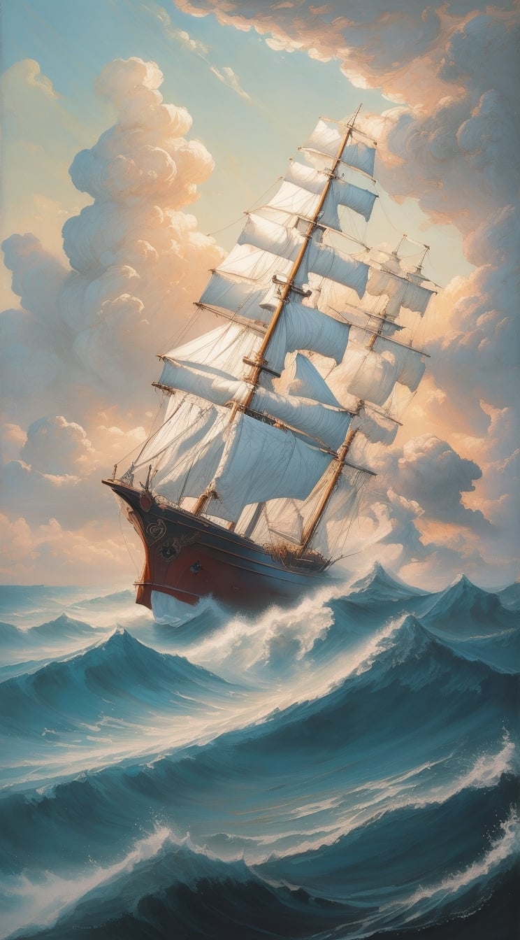 Landscape painting, delicate brush strokes, art station, sharp focus, studio photography, intricate details, highly detailed, beautiful landscape, acrylic painting, rough sea, ship sailing in a storm,