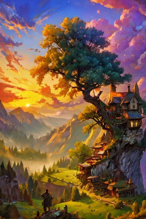 valley, fairytale treehouse village covered, , matte painting, highly detailed, dynamic lighting, cinematic, realism, realistic, photo real, sunset, detailed, high contrast, denoised, centered, michael whelan