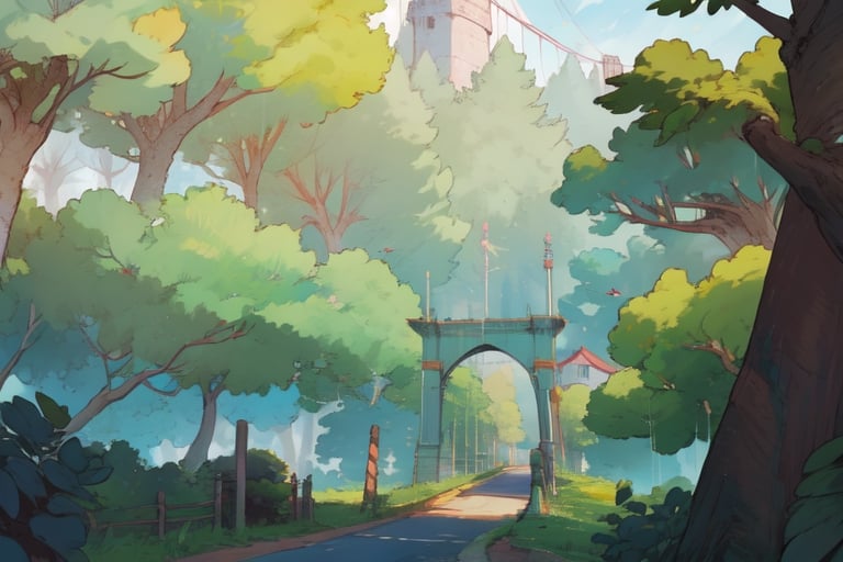 A landscape of ancient forests, giant houses, trees, and honorable suspension bridges