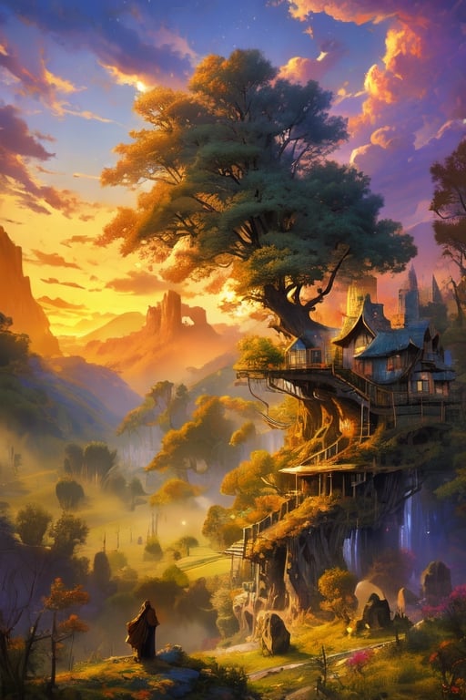 valley, fairytale treehouse village covered, , matte painting, highly detailed, dynamic lighting, cinematic, realism, realistic, photo real, sunset, detailed, high contrast, denoised, centered, michael whelan,midjourney