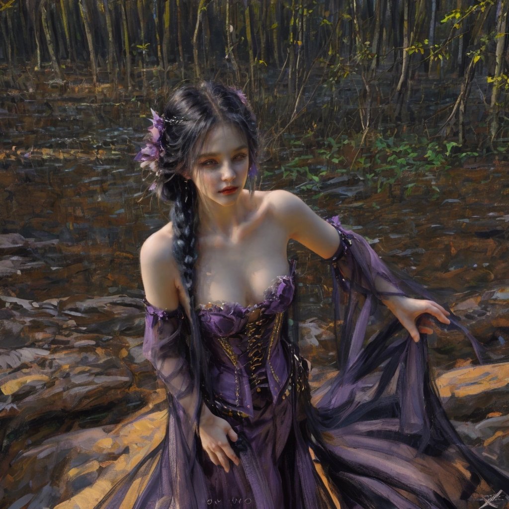 masterpiece, best quality, highres, titania1, 1girl, purple eyes, solo, cleavage, very long hair, large breasts, black hair, bare shoulders, detached sleeves, strapless dress, black dress, long dress, corset, , cowboy shot, forest,blue hair,midjourney
