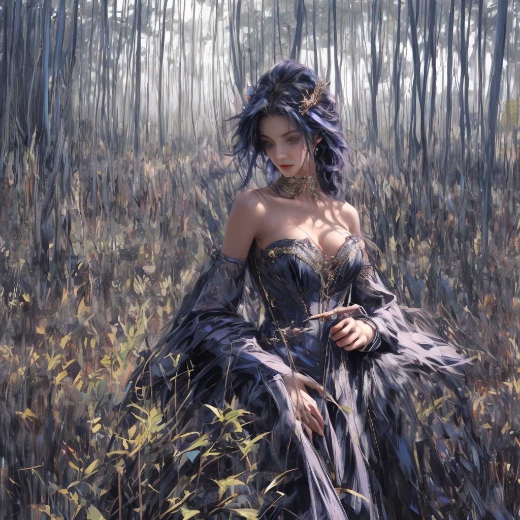 masterpiece, best quality, highres, titania1, 1girl, purple eyes, solo, cleavage, very long hair, large breasts, black hair, bare shoulders, detached sleeves, strapless dress, black dress, long dress, corset, , cowboy shot, forest,blue hair,midjourney