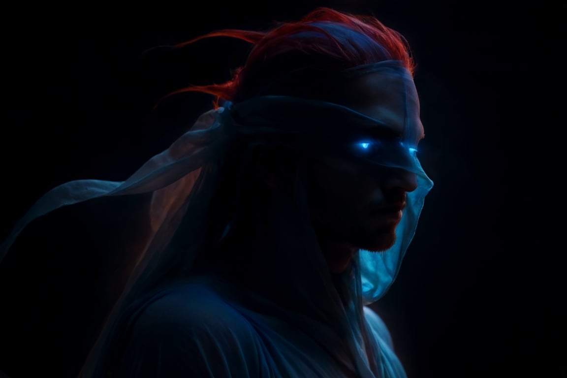 full body profile, a man wrapped his whole body with flowing soft cloth, His eyes covered by a translucent cloth, blindfolded, eyes glowing blue through the cloth, mystery and intrigue. His magical long red hair is spiky, hair is glowing, dark, ethereal quality, expressive, artistic, aesthetic, volumetric lighting, , , , 
,chiaroscuro,neon photography style