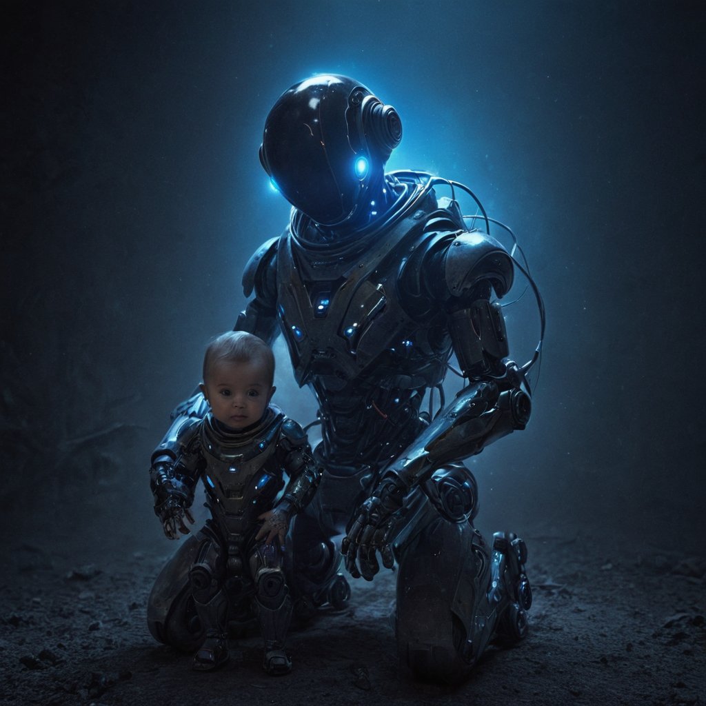 In this whimsical digital art piece, a baby boy is seated on a robot that resembles an astronaut. The robot's body is a large, spherical structure with intricate designs and glowing blue lights, while its head appears to be a helmet-like structure with a visor. The girl is wearing a matching astronaut suit, complete with a helmet and a life support system. She sits comfortably on the robot's back, her hands resting on the controls or perhaps the robot's neck. The background is dark, which contrasts with the brightly lit robot and its human companion, emphasizing their presence in this fantastical scene.,Movie Still