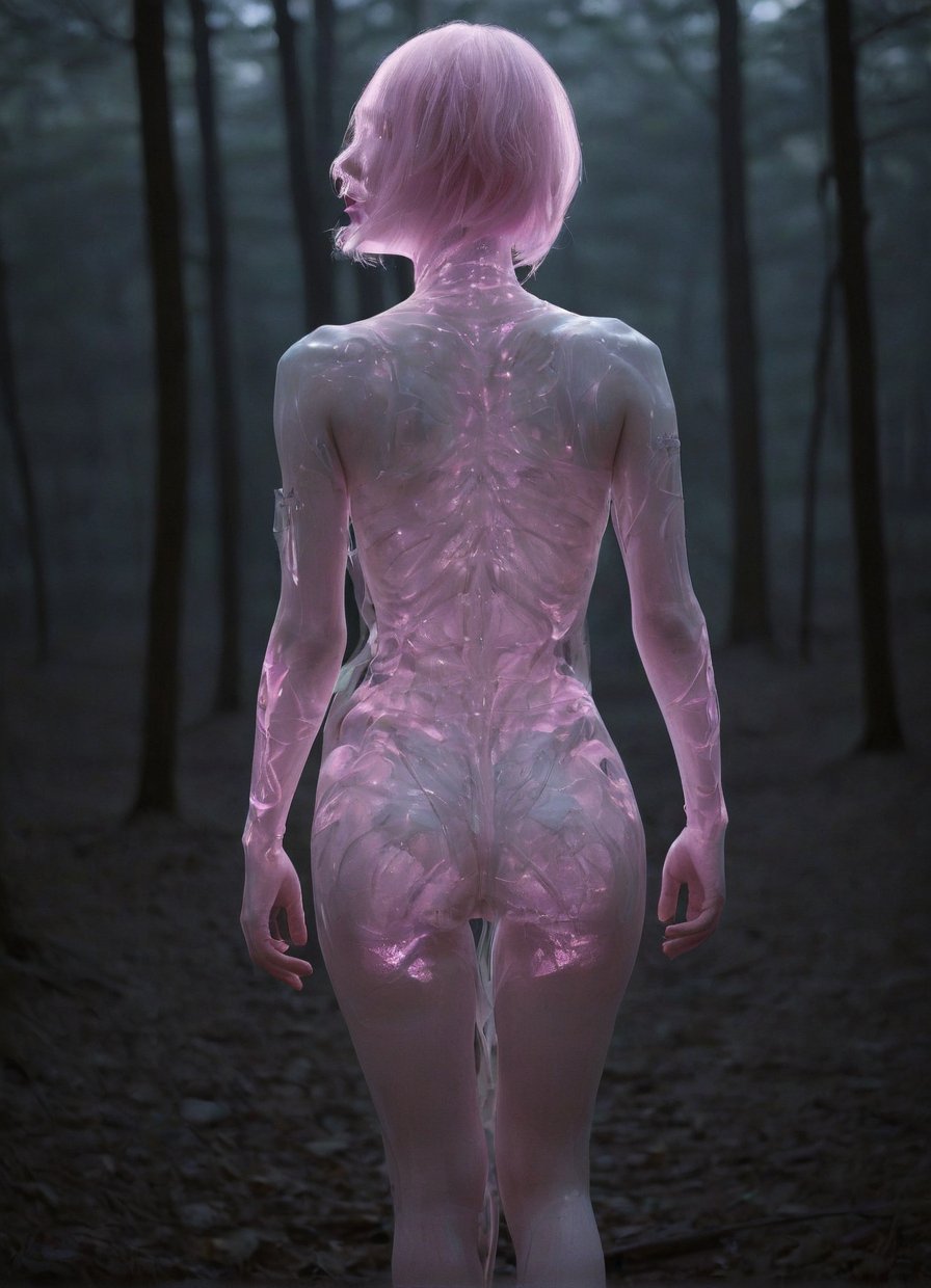 (style of James Jean and Hajime Sorayama),from behind,full body shot of an albino woman with transparent skin,glowing pink neon skeleton visible through the translucent dress in dark woods at night,soft misty light,Infrared Photos,film grain,
Cel Shading,Super-Resolution,Intricate Details,Insane Details,Hyper-detailed,
,
,zavy-rmlght