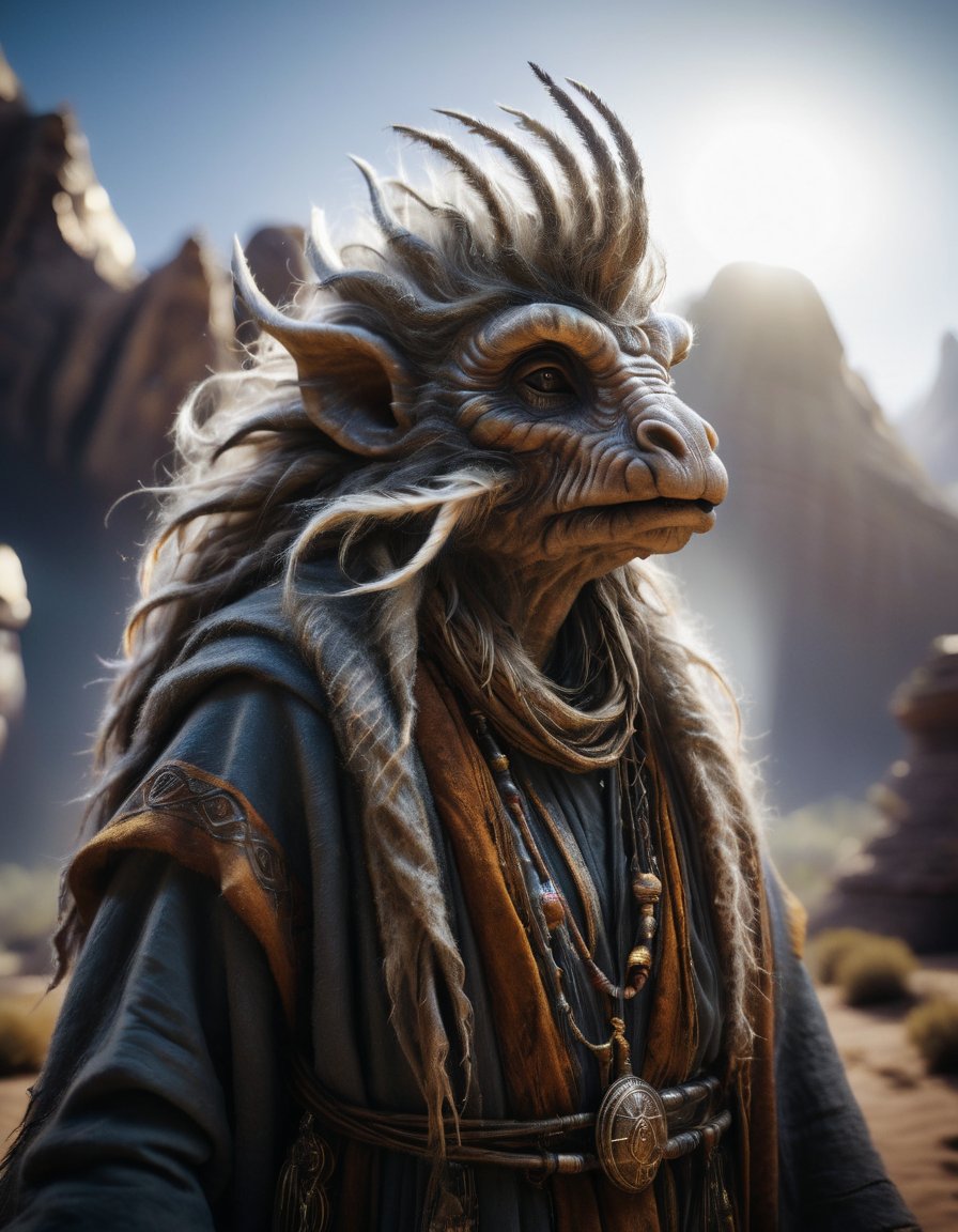 cinematic close up shot, powerful pose, intimidating look, a fantastical creature that blends the best of human, animal, and mythical traits, wearing a worn out robe, worn out old mage outfit, worn out scarfs flying in the air around the neck,
,alien,GHTEN,Glass Elements,zavy-rmlght,creature,fuzzy,Furry