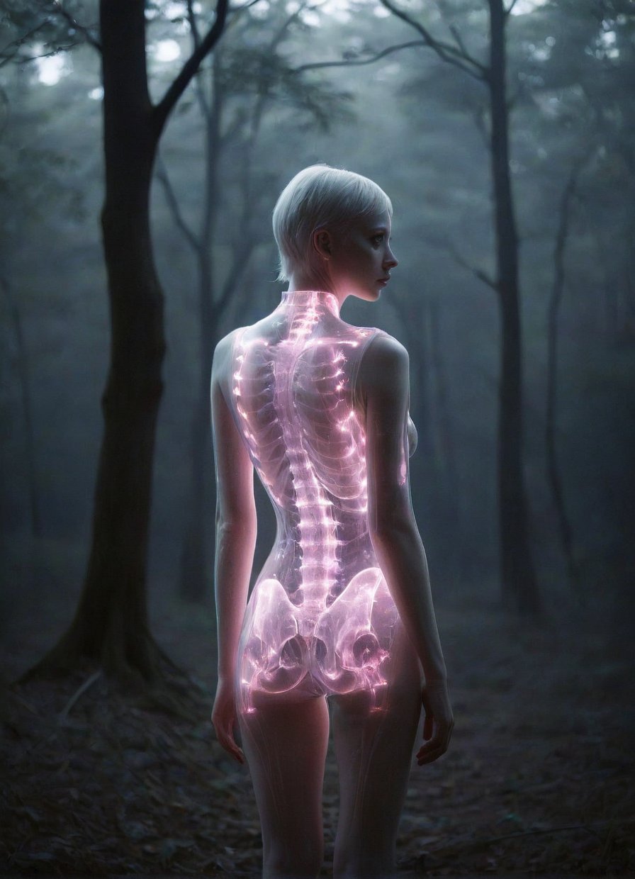 (style of James Jean and Hajime Sorayama),from behind,full body shot of an albino woman with transparent skin,glowing pink neon skeleton visible through the translucent dress in dark woods at night,soft misty light,Infrared Photos,film grain,
Cel Shading,Super-Resolution,Intricate Details,Insane Details,Hyper-detailed,
,
,zavy-rmlght,tranzp