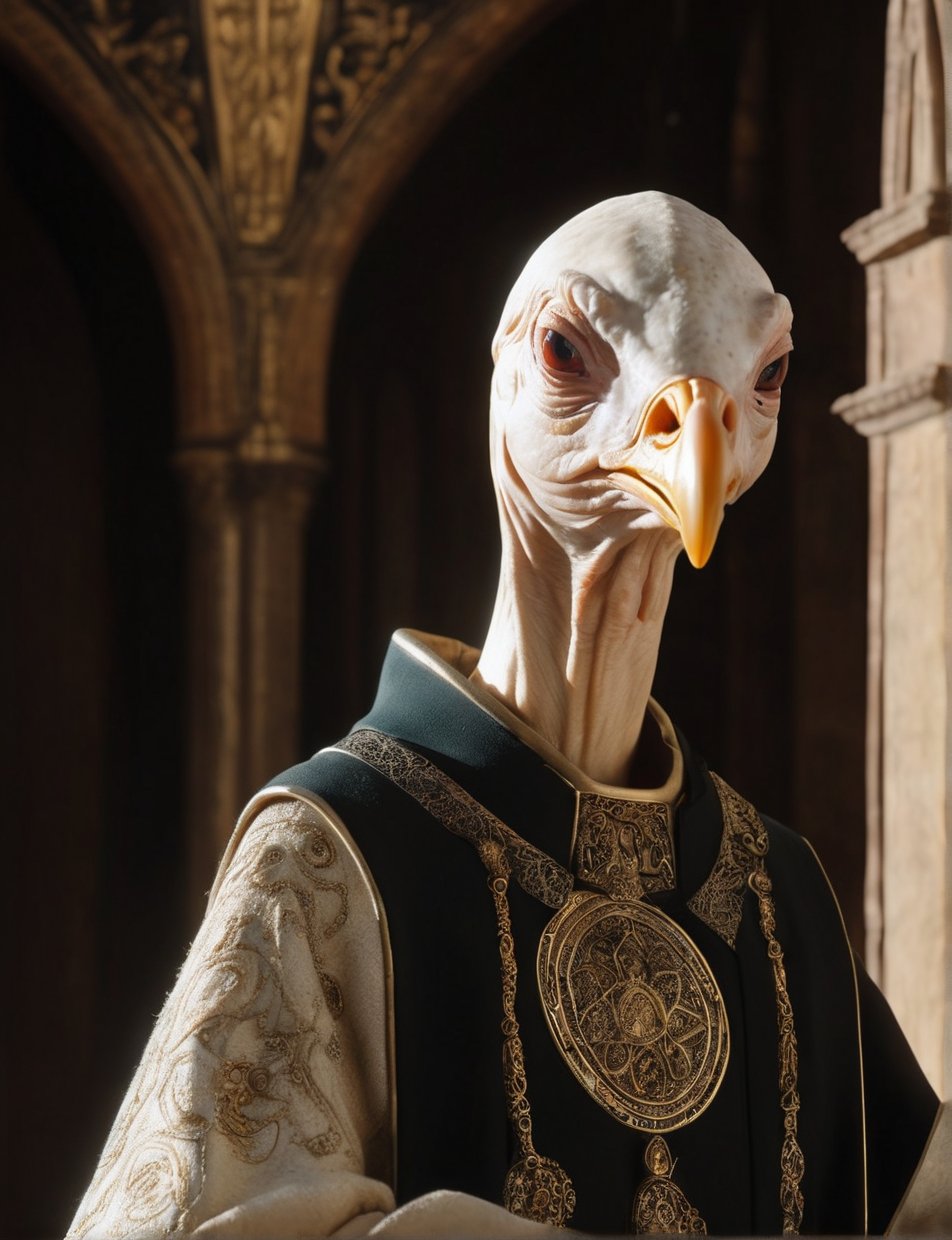 Ultra-realistic 8k CG, masterpiece, best quality, (((ermine wear inquisitor robe))), bite off head of a chicken, medieval Cathedral, dead eyes, still life, high detailed, beautiful intricately and detailed, DOF,      
,GHTEN,science fiction,futuristic alien,alien