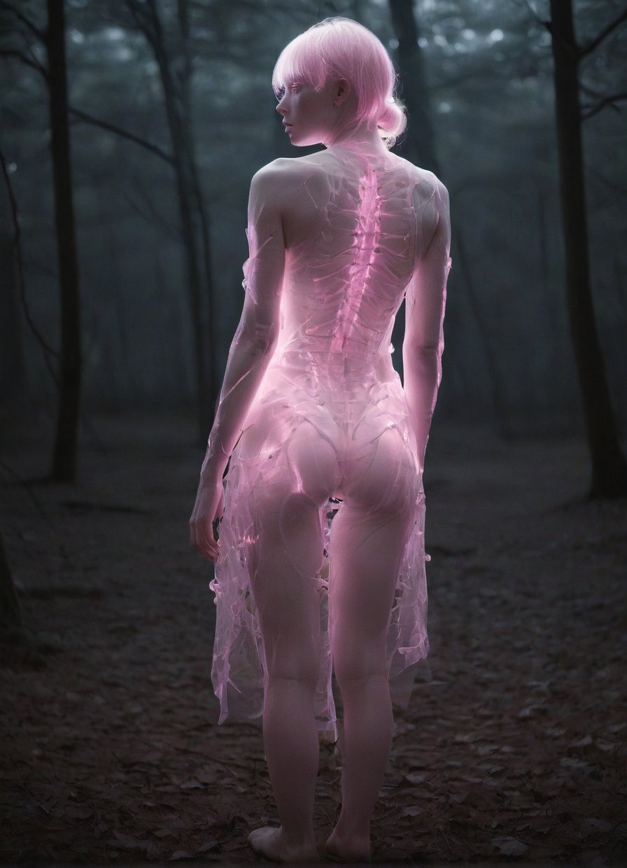 (style of James Jean and Hajime Sorayama),from behind,full body shot of an albino woman with transparent skin,glowing pink neon skeleton visible through the translucent dress in dark woods at night,soft misty light,Infrared Photos,film grain,
Cel Shading,Super-Resolution,Intricate Details,Insane Details,Hyper-detailed,
,
,zavy-rmlght