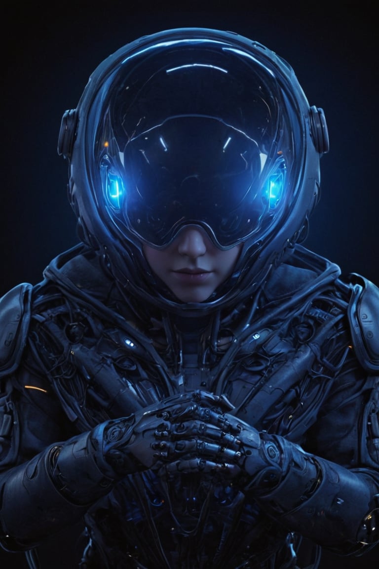 In this whimsical digital art piece, a baby boy is seated on a robot that resembles an astronaut. The robot's body is a large, spherical structure with intricate designs and glowing blue lights, while its head appears to be a helmet-like structure with a visor. The girl is wearing a matching astronaut suit, complete with a helmet and a life support system. She sits comfortably on the robot's back, her hands resting on the controls or perhaps the robot's neck. The background is dark, which contrasts with the brightly lit robot and its human companion, emphasizing their presence in this fantastical scene.,Movie Still