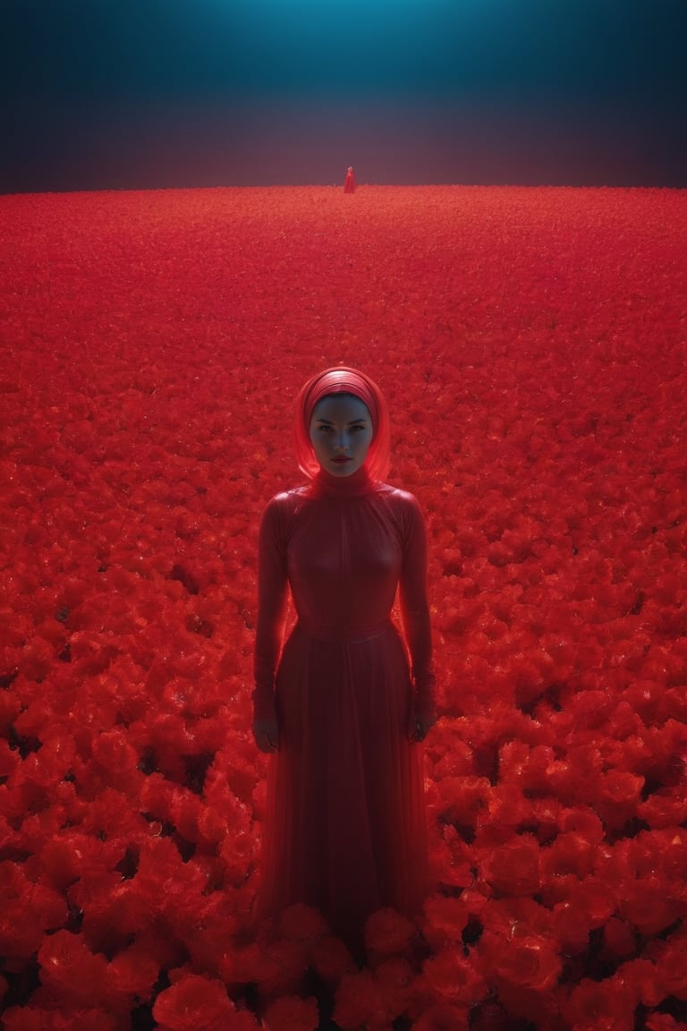 In the center of a vast crowd, one woman stands out in her vibrant red plastic dress and headscarf, surrounded by numerous other individuals also plastic dressed in bright red. The sea of glowing red flower extends far into the background, creating a striking contrast with the central figure.,Movie Still,FlowerStyle,dark