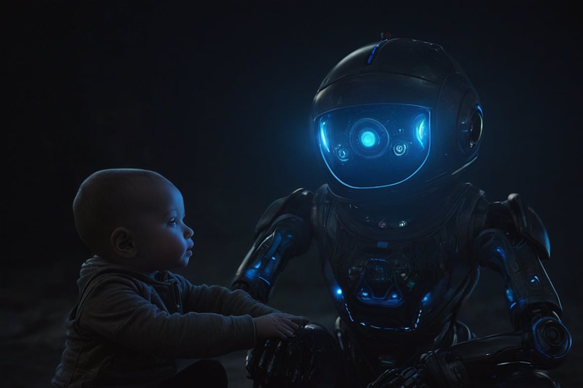 In this whimsical digital art piece, a baby boy is seated on a robot that resembles an astronaut. The robot's body is a large, spherical structure with intricate designs and glowing blue lights, while its head appears to be a helmet-like structure with a visor. The girl is wearing a matching astronaut suit, complete with a helmet and a life support system. She sits comfortably on the robot's back, her hands resting on the controls or perhaps the robot's neck. The background is dark, which contrasts with the brightly lit robot and its human companion, emphasizing their presence in this fantastical scene.,Movie Still