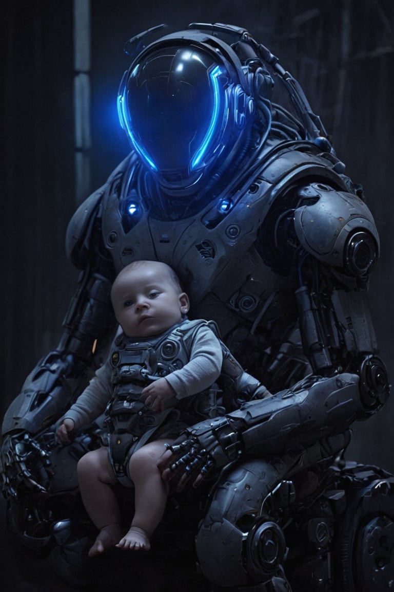 In this whimsical digital art piece, a baby boy is seated on a robot that resembles an astronaut. The robot's body is a large, spherical structure with intricate designs and glowing blue lights, while its head appears to be a helmet-like structure with a visor. The girl is wearing a matching astronaut suit, complete with a helmet and a life support system. She sits comfortably on the robot's back, her hands resting on the controls or perhaps the robot's neck. The background is dark, which contrasts with the brightly lit robot and its human companion, emphasizing their presence in this fantastical scene.,Movie Still